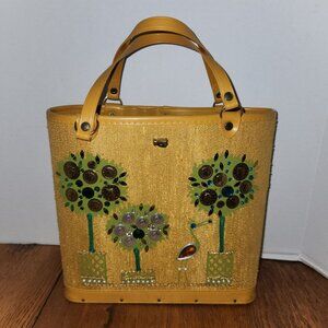 Vintage Yellow Handbag with Embellished Trees & Bird Design